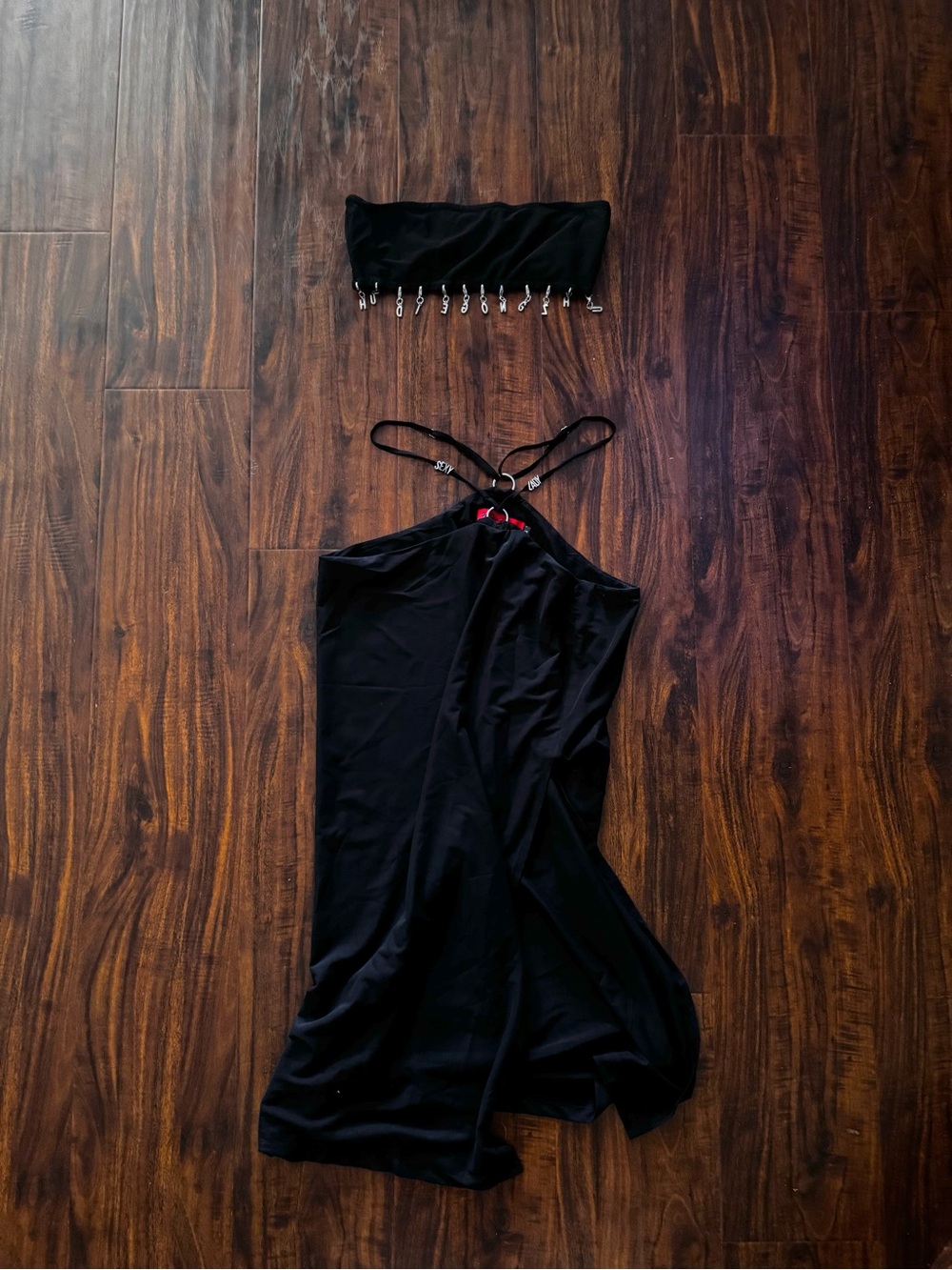 Black bandeau and skirt set with silver letter charms